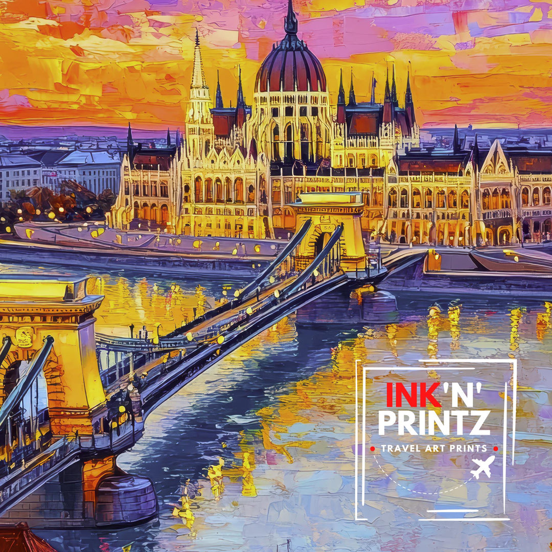 Budapest Oil Painting Poster Hungary Wall Art Danube River City Print Parliament Building Skyline Decor Gift for Europe Lovers and Fans