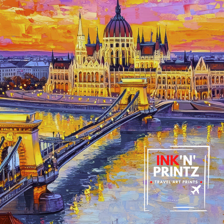Budapest Oil Painting Poster Hungary Wall Art Danube River City Print Parliament Building Skyline Decor Gift for Europe Lovers and Fans