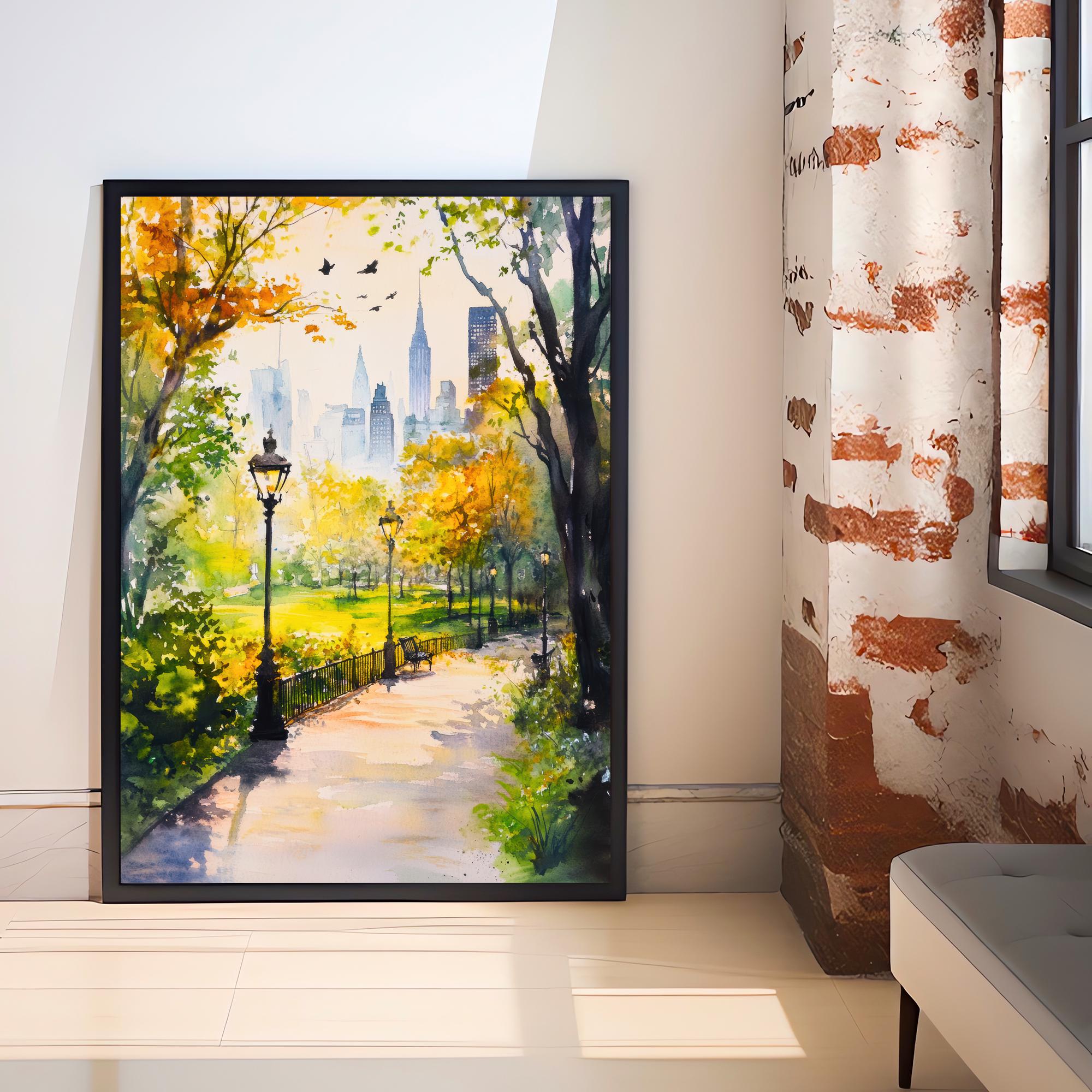 Central Park New York Watercolor Painting Poster USA Wall Art Manhattan City Print Gift for American Travel Lovers and Fans of Scenic Urban