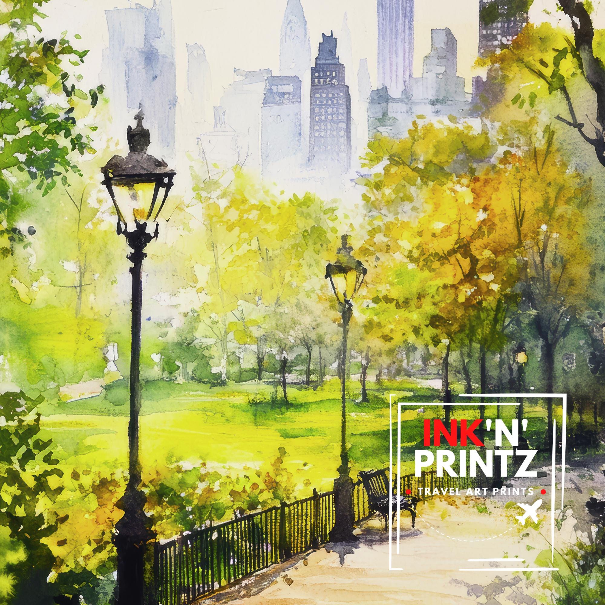 Central Park New York Watercolor Painting Poster USA Wall Art Manhattan City Print Gift for American Travel Lovers and Fans of Scenic Urban