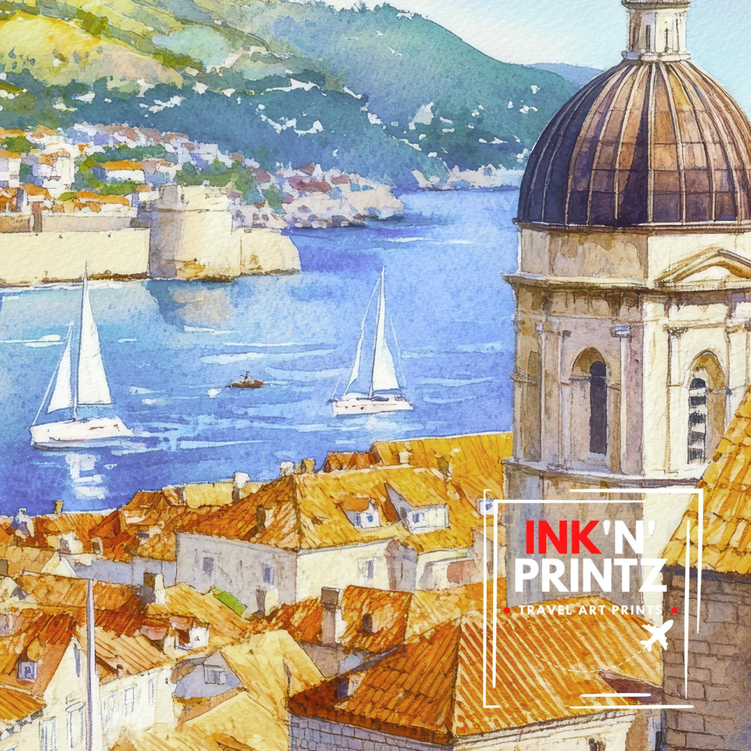 Dubrovnik Croatia Watercolor Painting Poster Wall Art Adriatic Coastal City Print Gift for Europe Travel Lovers and Fans of Scenic Historic