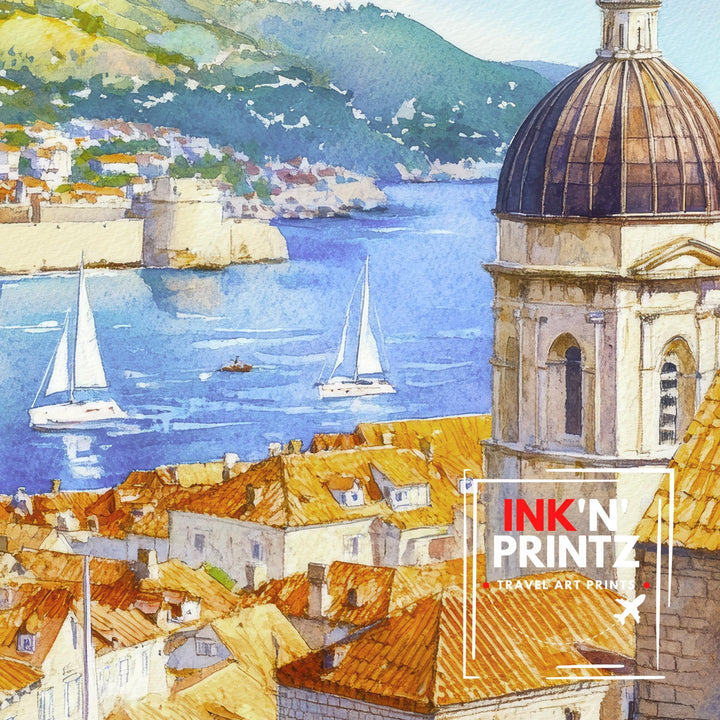 Dubrovnik Croatia Watercolor Painting Poster Wall Art Adriatic Coastal City Print Gift for Europe Travel Lovers and Fans of Scenic Historic