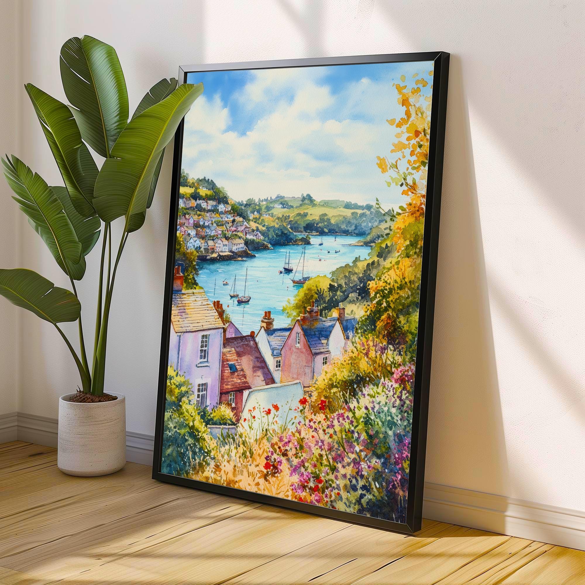 Fowey Cornwall Watercolour Painting Poster England Wall Art Coastal Harbour Print Gift for UK Travel Lovers and Fans of Scenic Cornish