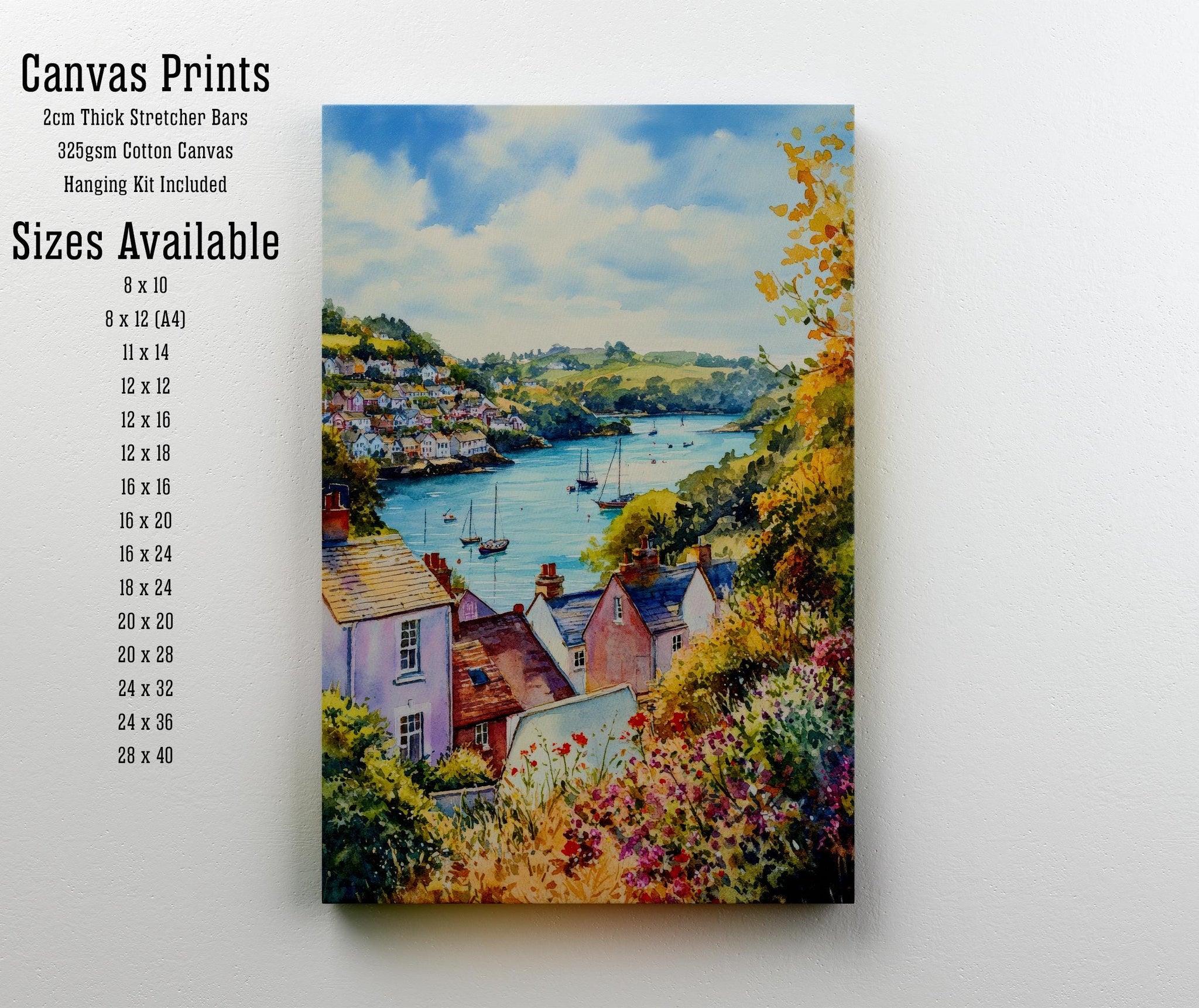 Fowey Cornwall Watercolour Painting Poster England Wall Art Coastal Harbour Print Gift for UK Travel Lovers and Fans of Scenic Cornish