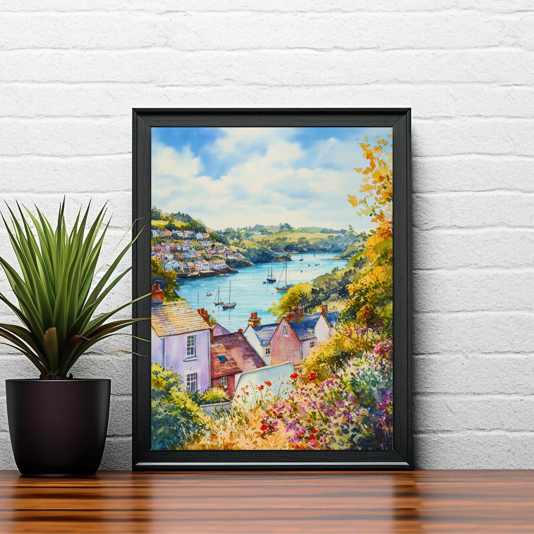 Fowey Cornwall Watercolour Painting Poster England Wall Art Coastal Harbour Print Gift for UK Travel Lovers and Fans of Scenic Cornish