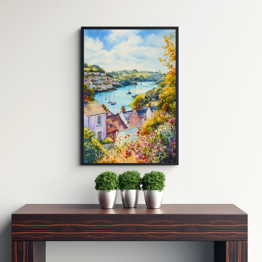 Fowey Cornwall Watercolour Painting Poster England Wall Art Coastal Harbour Print Gift for UK Travel Lovers and Fans of Scenic Cornish