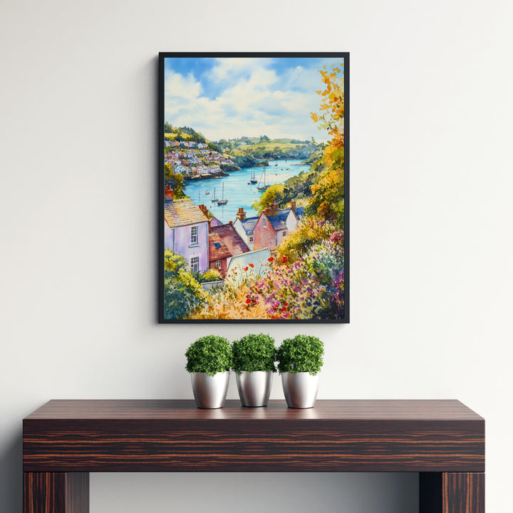 Fowey Cornwall Watercolour Painting Poster England Wall Art Coastal Harbour Print Gift for UK Travel Lovers and Fans of Scenic Cornish