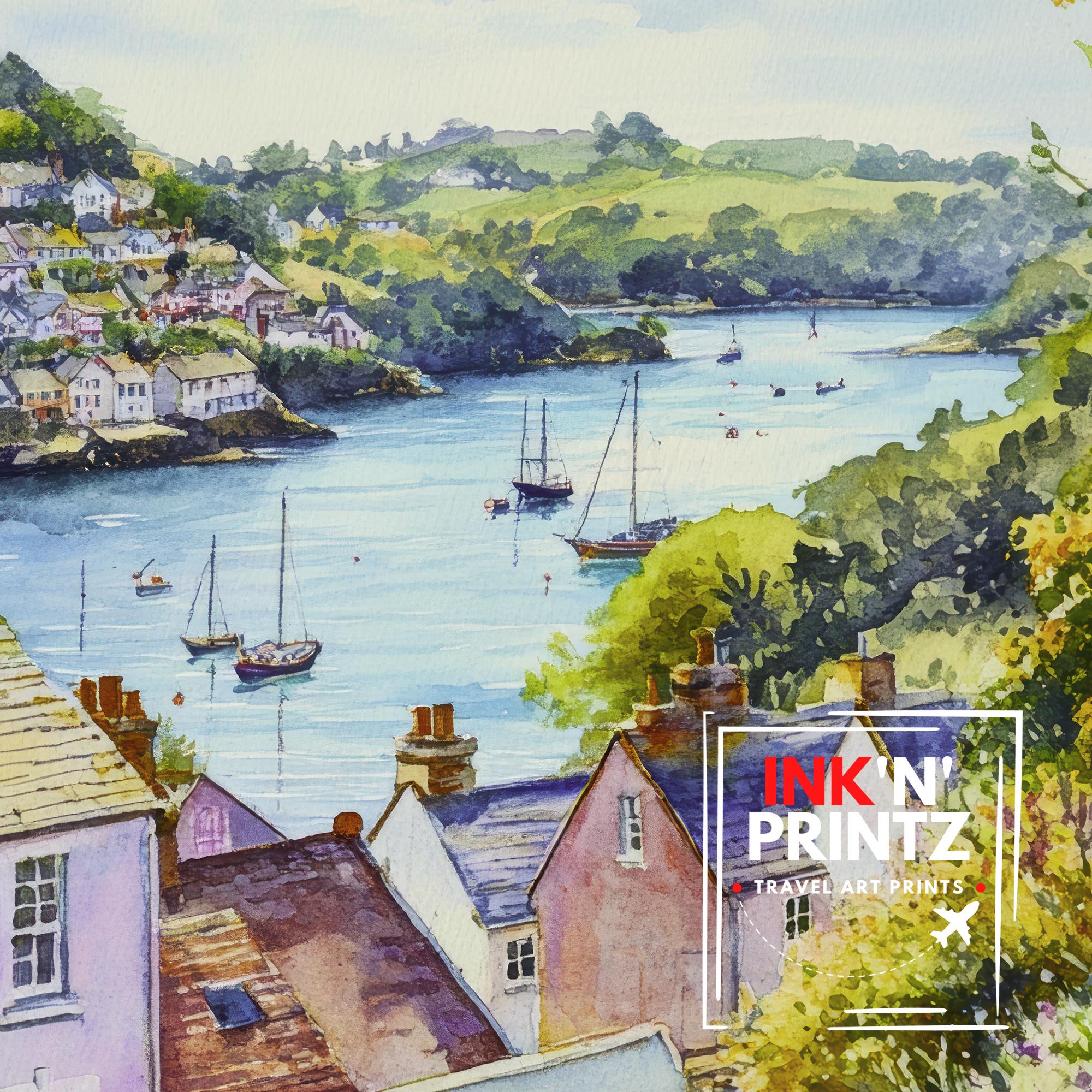 Fowey Cornwall Watercolour Painting Poster England Wall Art Coastal Harbour Print Gift for UK Travel Lovers and Fans of Scenic Cornish