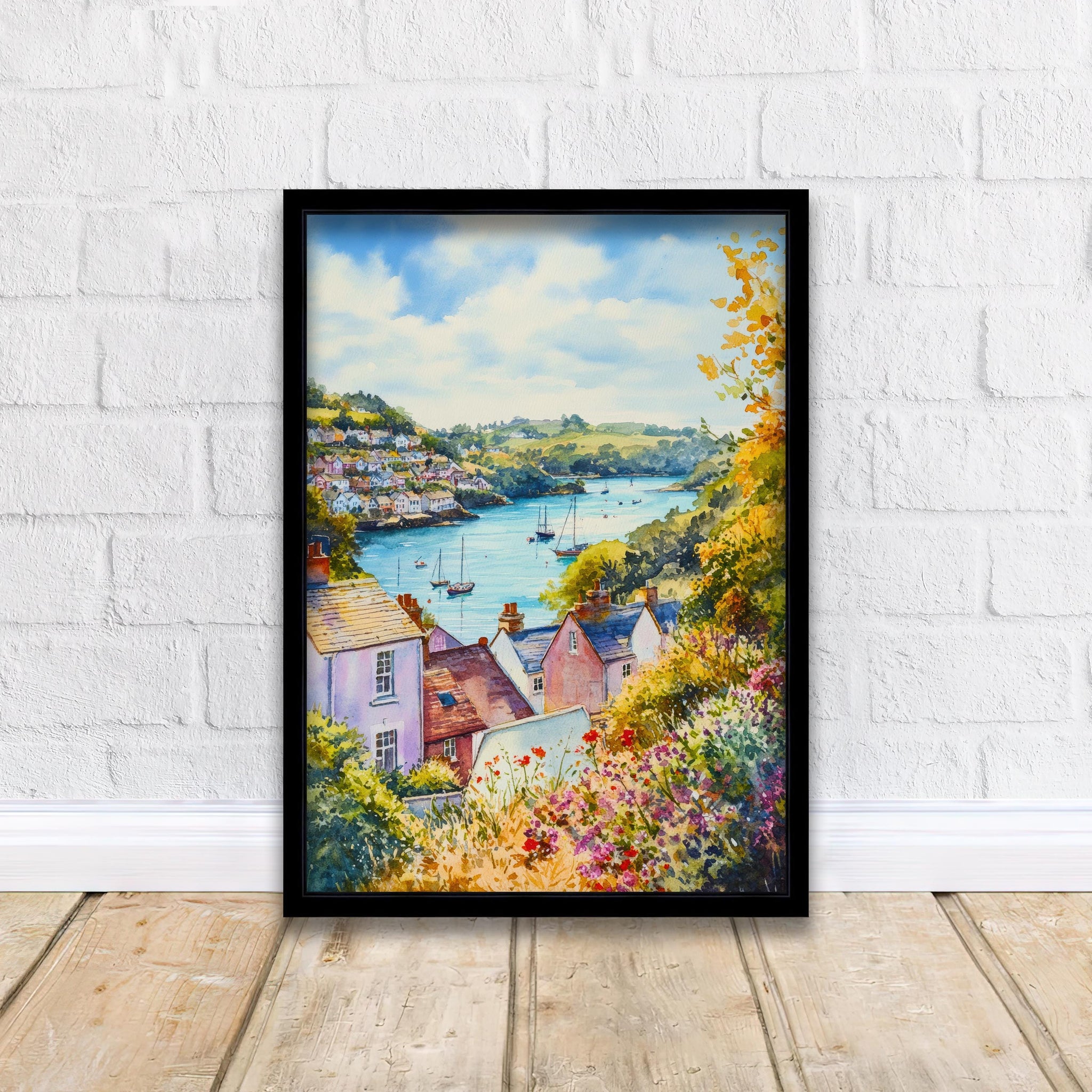 Fowey Cornwall Watercolour Painting Poster England Wall Art Coastal Harbour Print Gift for UK Travel Lovers and Fans of Scenic Cornish