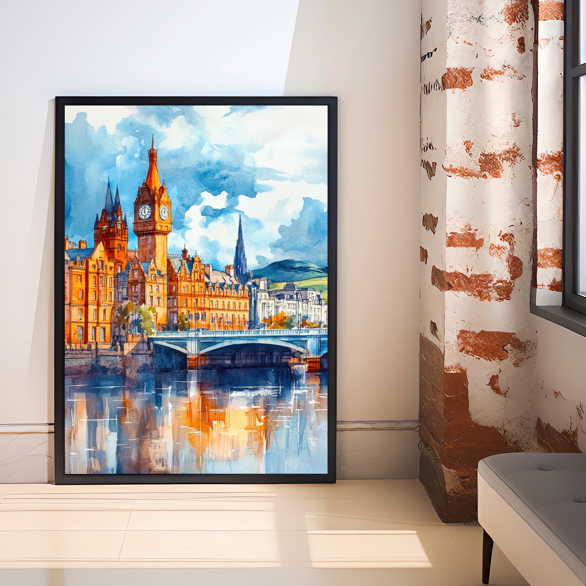 Glasgow Watercolour Painting Poster Scotland Wall Art City Skyline Print Gift for UK Travel Lovers and Fans of Historic Scottish