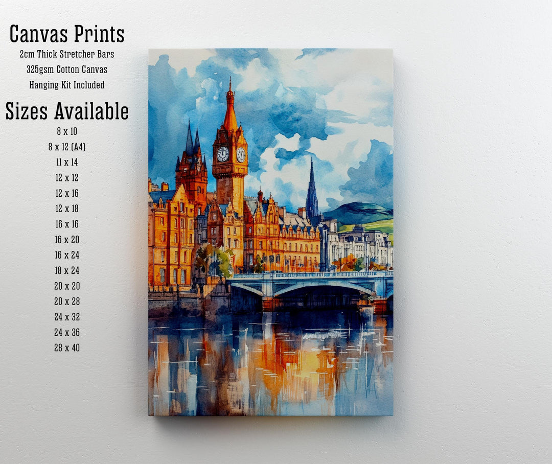 Glasgow Watercolour Painting Poster Scotland Wall Art City Skyline Print Gift for UK Travel Lovers and Fans of Historic Scottish