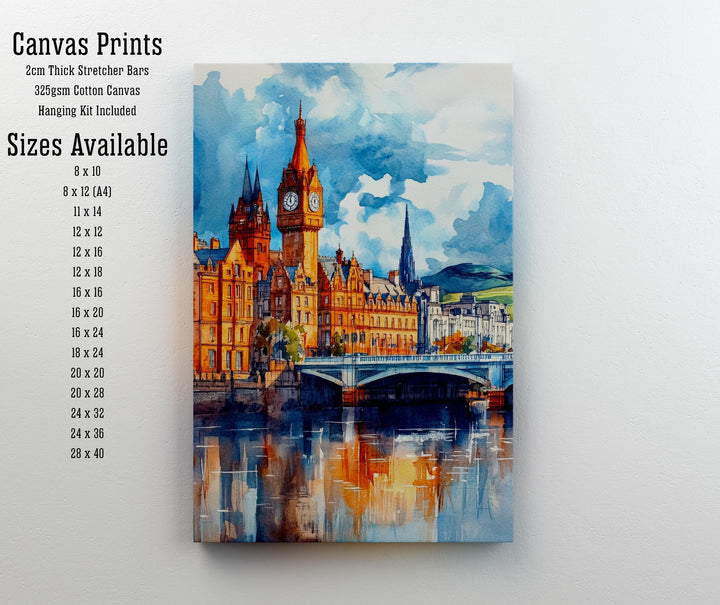 Glasgow Watercolour Painting Poster Scotland Wall Art City Skyline Print Gift for UK Travel Lovers and Fans of Historic Scottish