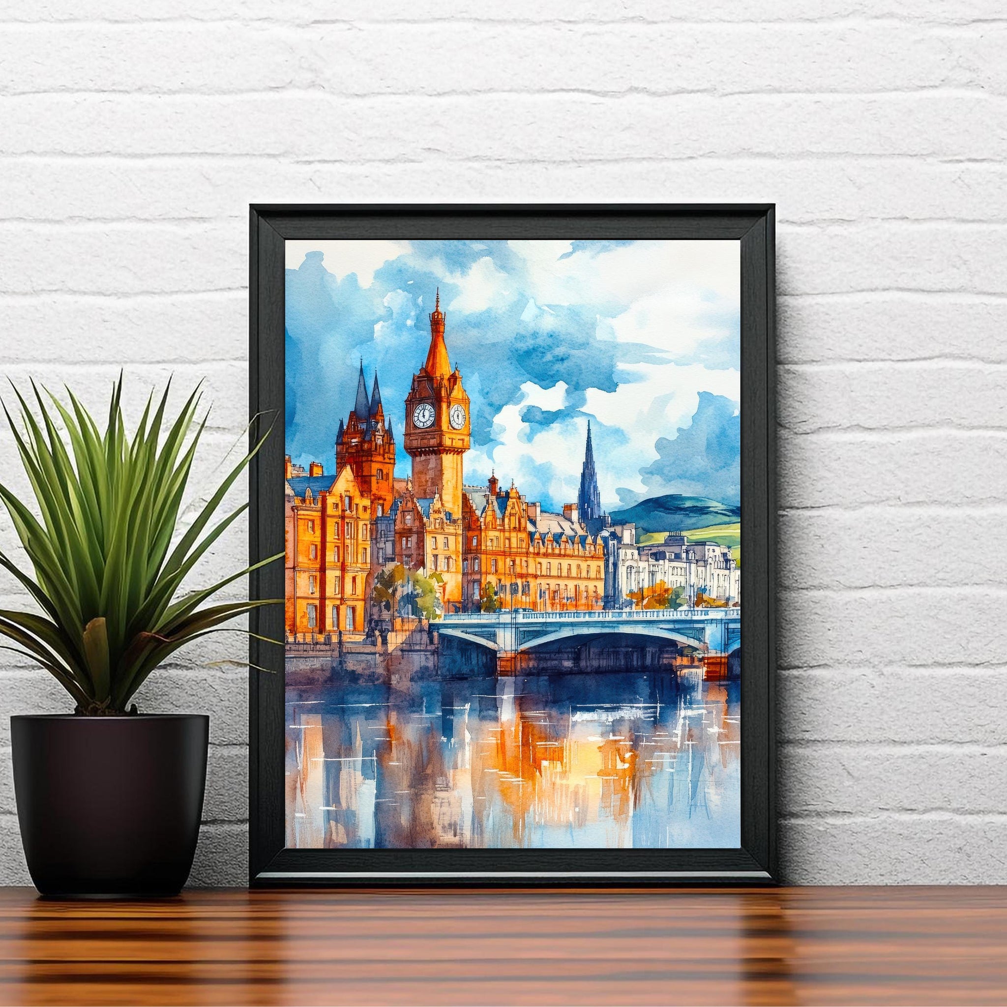 Glasgow Watercolour Painting Poster Scotland Wall Art City Skyline Print Gift for UK Travel Lovers and Fans of Historic Scottish