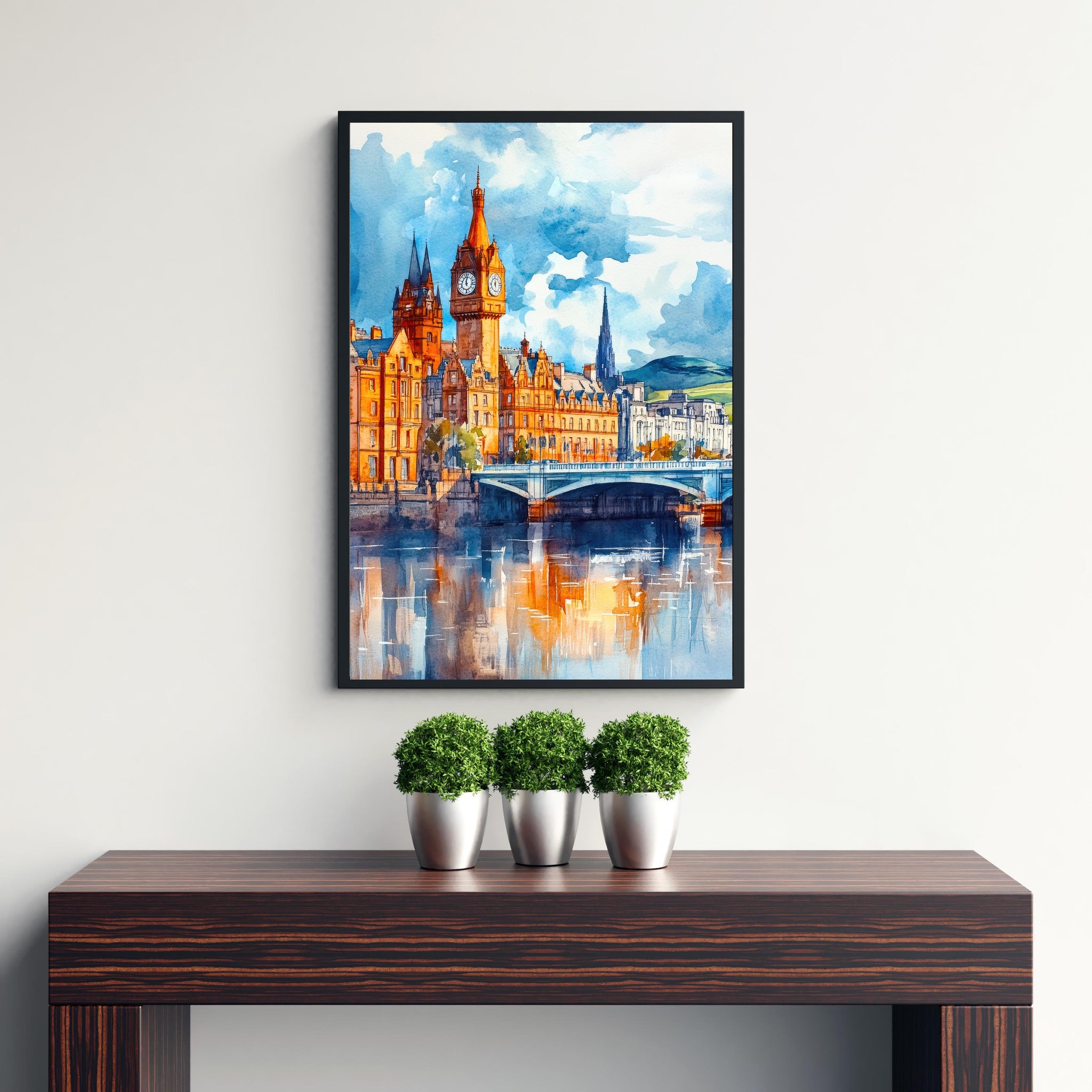 Glasgow Watercolour Painting Poster Scotland Wall Art City Skyline Print Gift for UK Travel Lovers and Fans of Historic Scottish