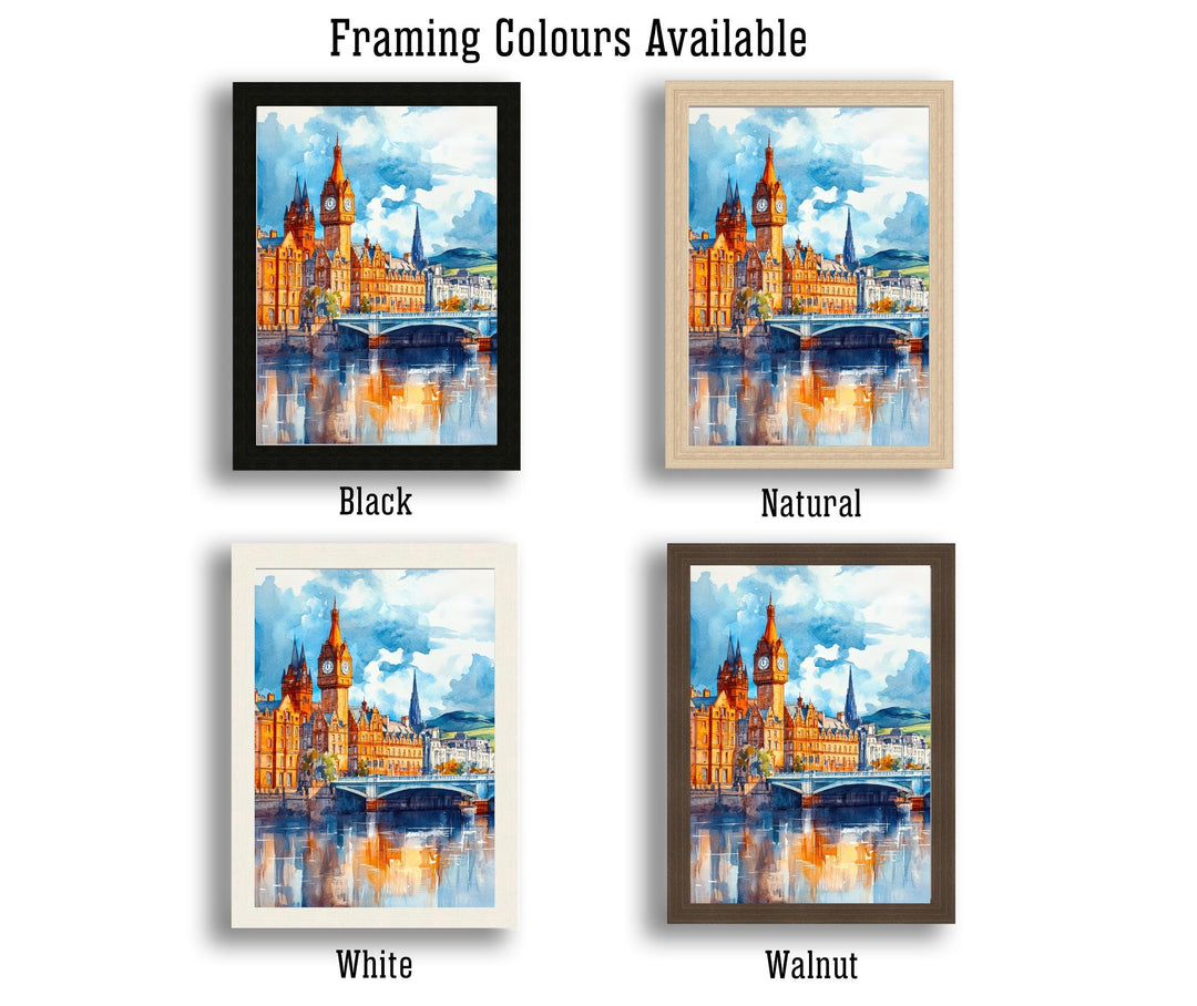 Glasgow Watercolour Painting Poster Scotland Wall Art City Skyline Print Gift for UK Travel Lovers and Fans of Historic Scottish