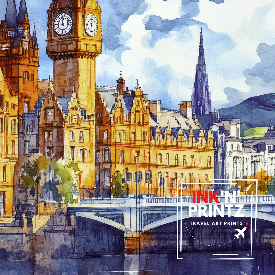 Glasgow Watercolour Painting Poster Scotland Wall Art City Skyline Print Gift for UK Travel Lovers and Fans of Historic Scottish