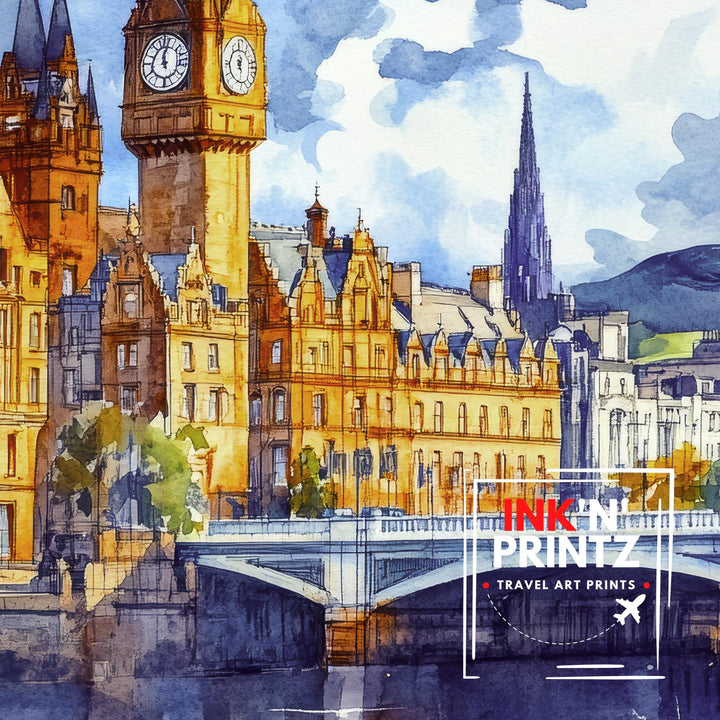 Glasgow Watercolour Painting Poster Scotland Wall Art City Skyline Print Gift for UK Travel Lovers and Fans of Historic Scottish