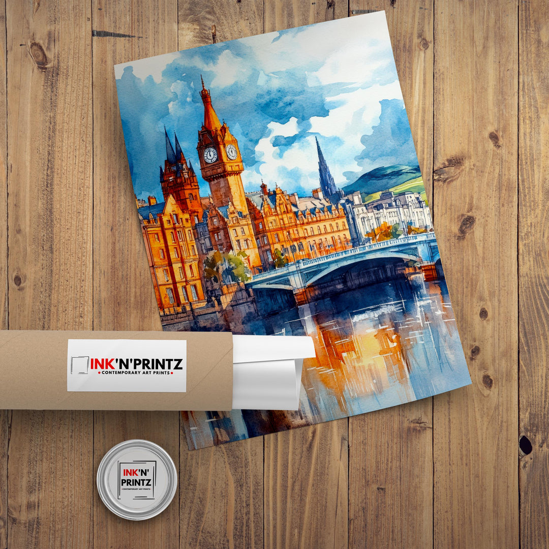 Glasgow Watercolour Painting Poster Scotland Wall Art City Skyline Print Gift for UK Travel Lovers and Fans of Historic Scottish