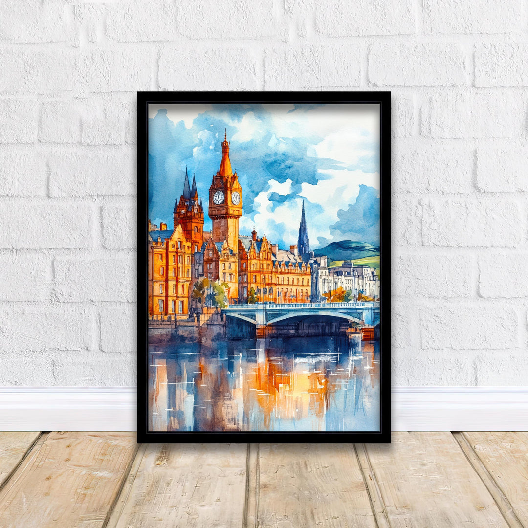 Glasgow Watercolour Painting Poster Scotland Wall Art City Skyline Print Gift for UK Travel Lovers and Fans of Historic Scottish