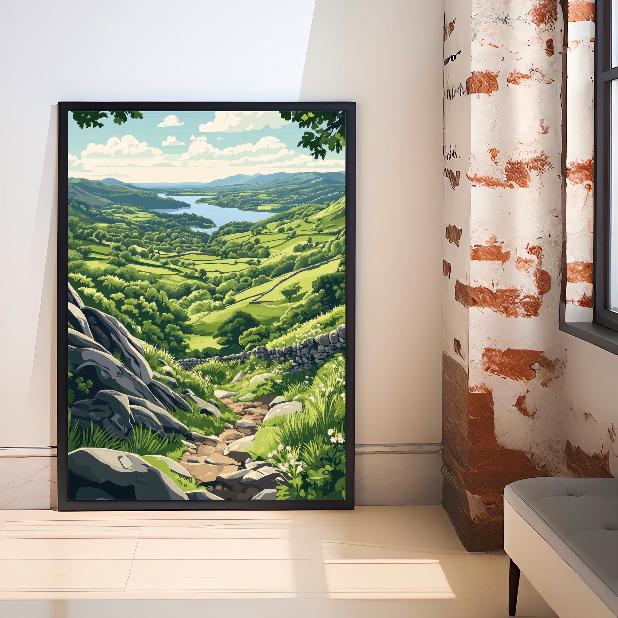 Gowbarrow Fell Watercolour Painting Poster Lake District England Wall Art Countryside Landscape Print Gift for UK Travel Lovers and Fans