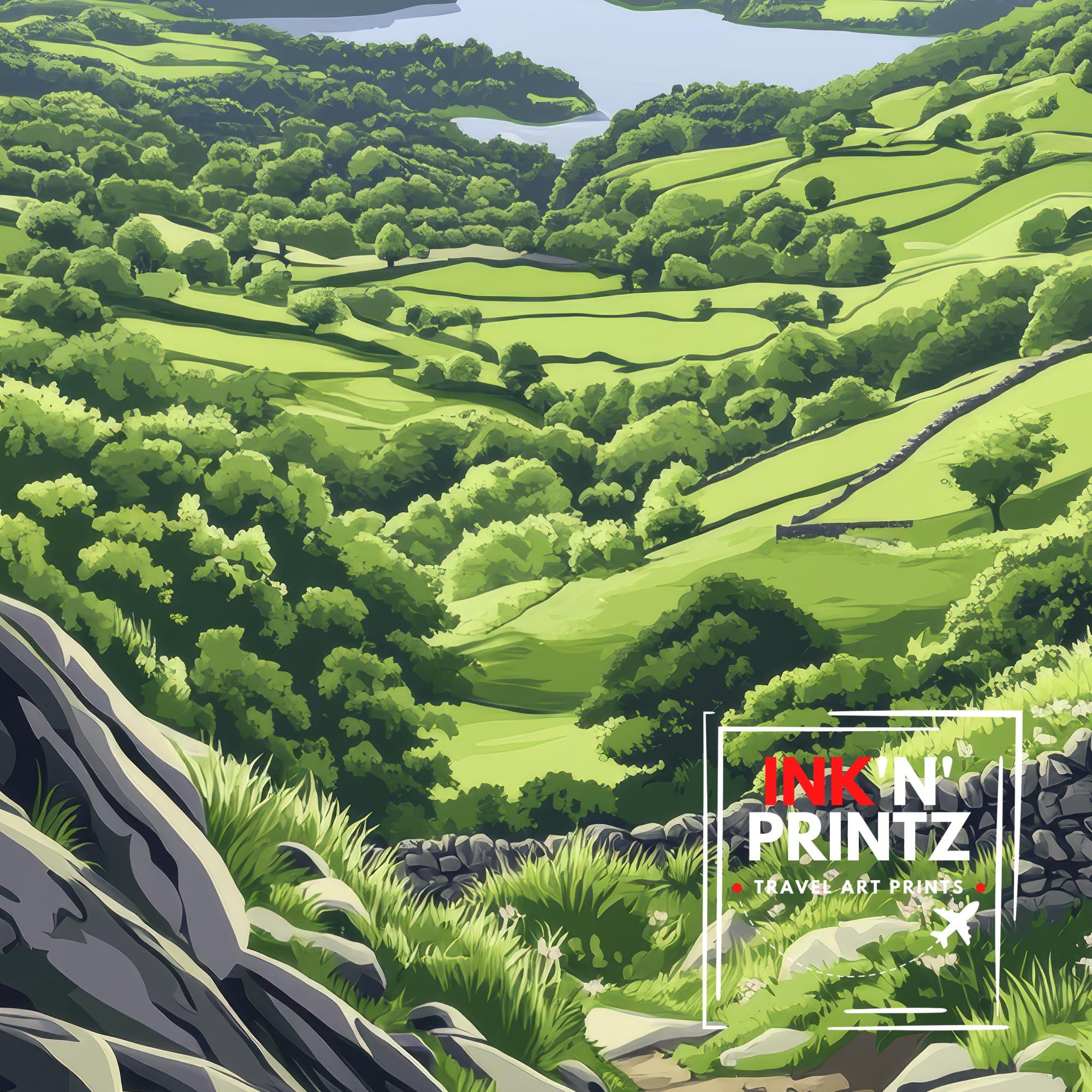 Gowbarrow Fell Watercolour Painting Poster Lake District England Wall Art Countryside Landscape Print Gift for UK Travel Lovers and Fans