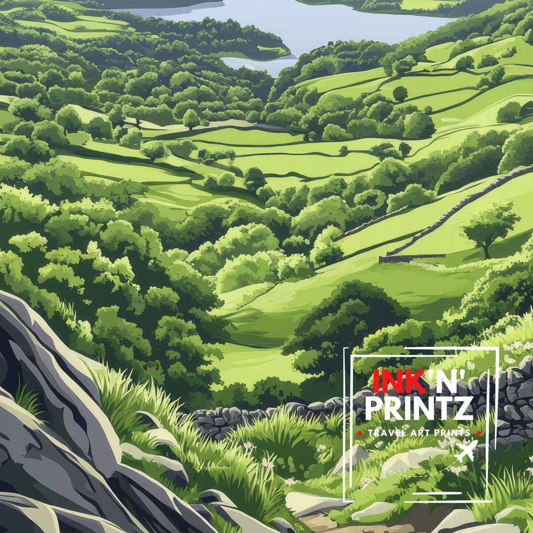 Gowbarrow Fell Watercolour Painting Poster Lake District England Wall Art Countryside Landscape Print Gift for UK Travel Lovers and Fans