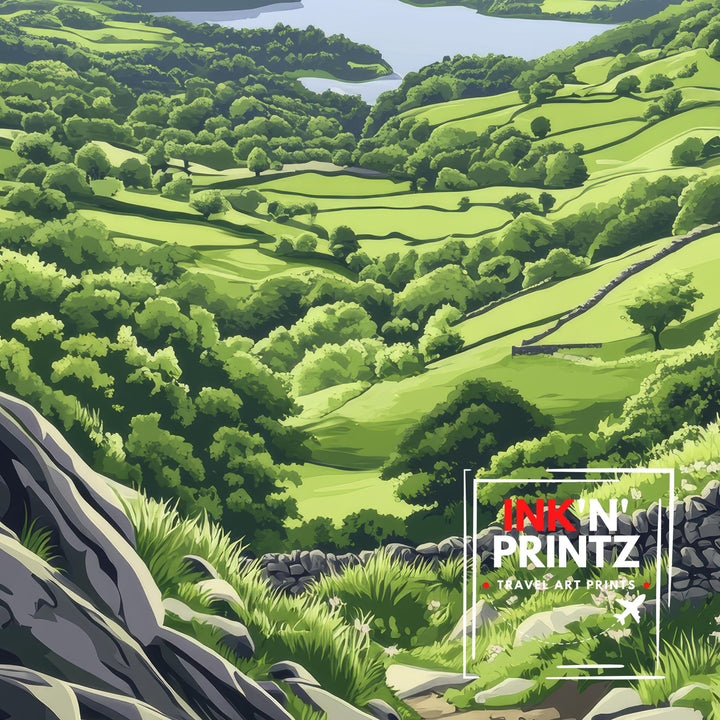 Gowbarrow Fell Watercolour Painting Poster Lake District England Wall Art Countryside Landscape Print Gift for UK Travel Lovers and Fans