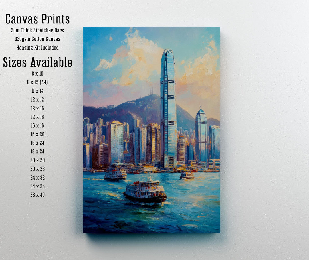 Hong Kong Oil Painting Poster China Wall Art City Skyline Print Victoria Harbour Decor Gift for Asia Travel Lovers and Fans of Scenic Urban