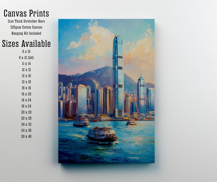 Hong Kong Oil Painting Poster China Wall Art City Skyline Print Victoria Harbour Decor Gift for Asia Travel Lovers and Fans of Scenic Urban