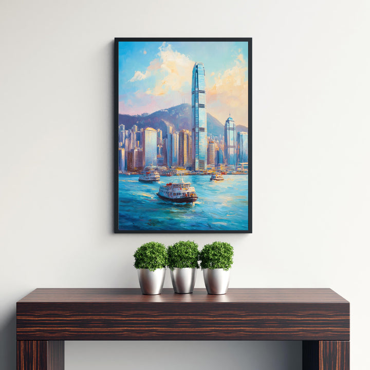 Hong Kong Oil Painting Poster China Wall Art City Skyline Print Victoria Harbour Decor Gift for Asia Travel Lovers and Fans of Scenic Urban