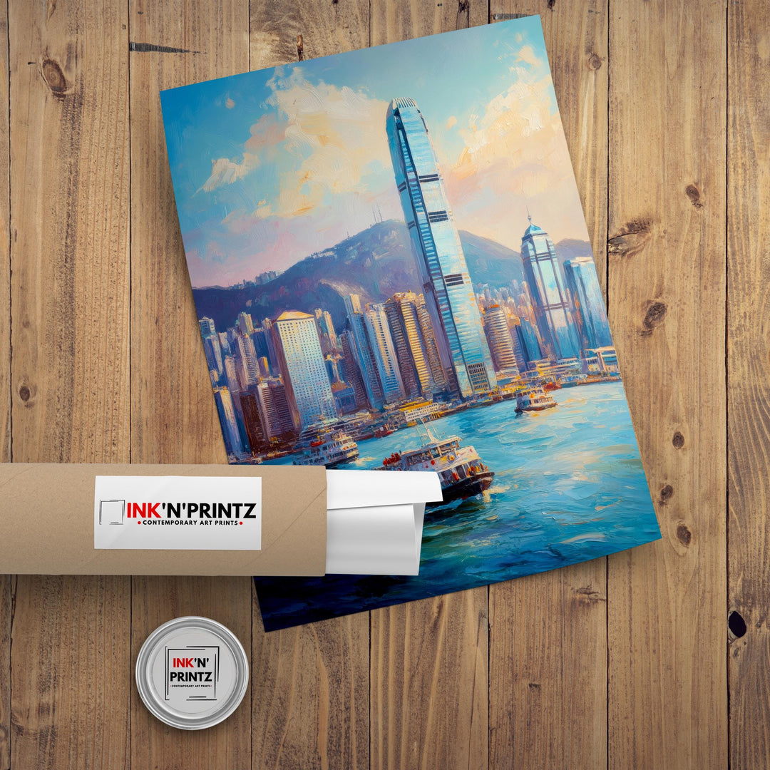 Hong Kong Oil Painting Poster China Wall Art City Skyline Print Victoria Harbour Decor Gift for Asia Travel Lovers and Fans of Scenic Urban