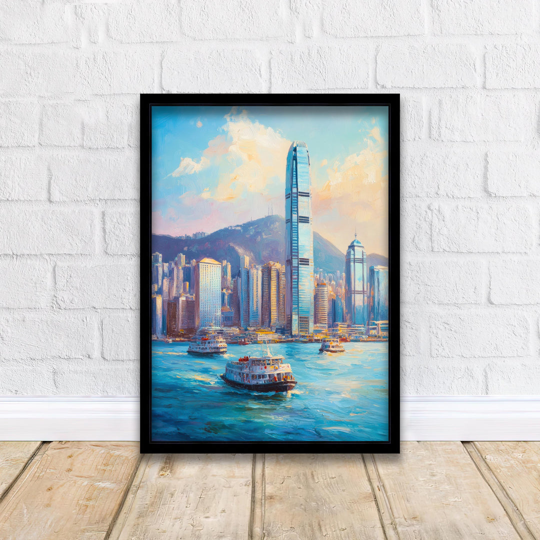 Hong Kong Oil Painting Poster China Wall Art City Skyline Print Victoria Harbour Decor Gift for Asia Travel Lovers and Fans of Scenic Urban