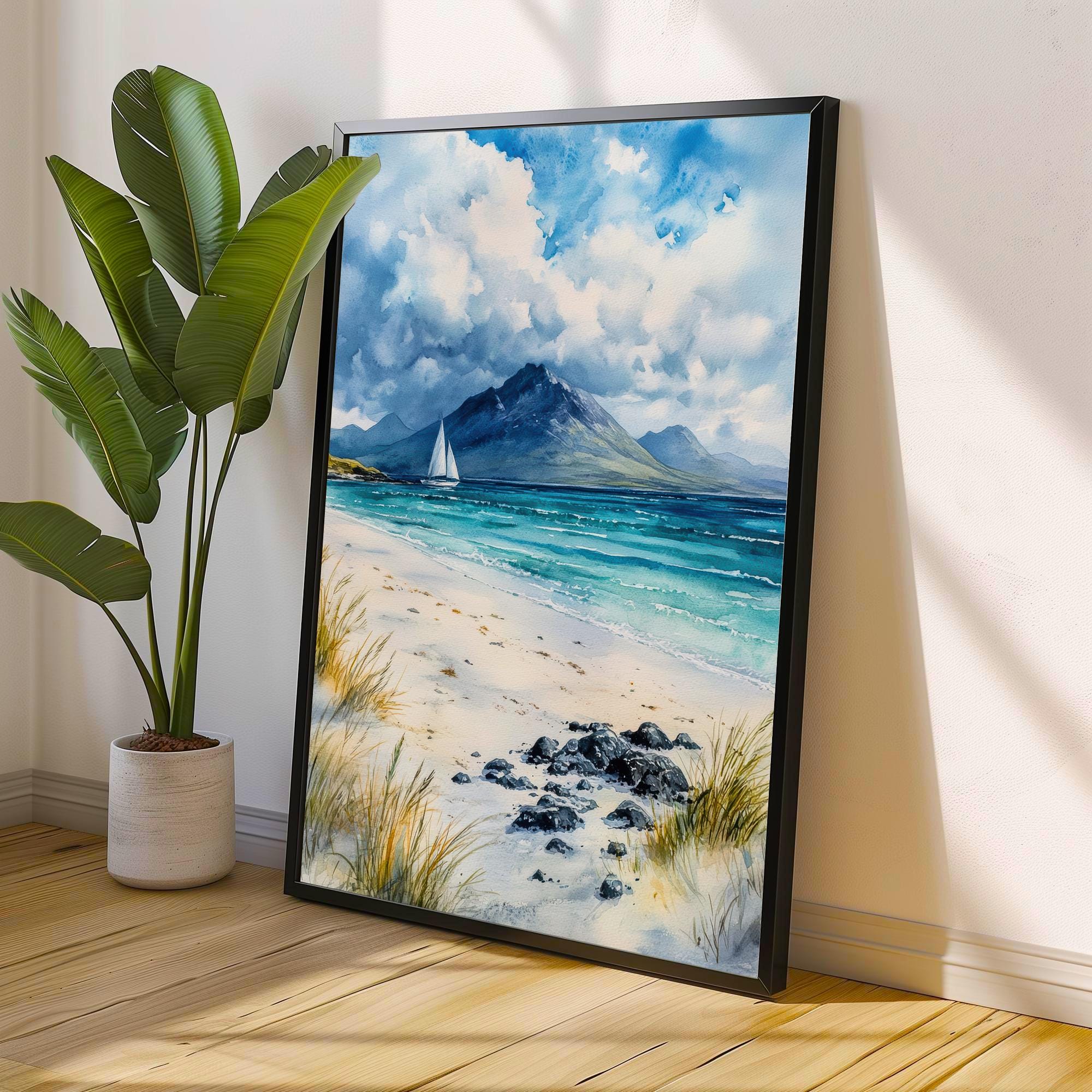 Isle of Arran Watercolour Painting Poster Scotland Wall Art Coastal Landscape Print Gift for UK Travel Lovers and Fans of Scenic Scottish