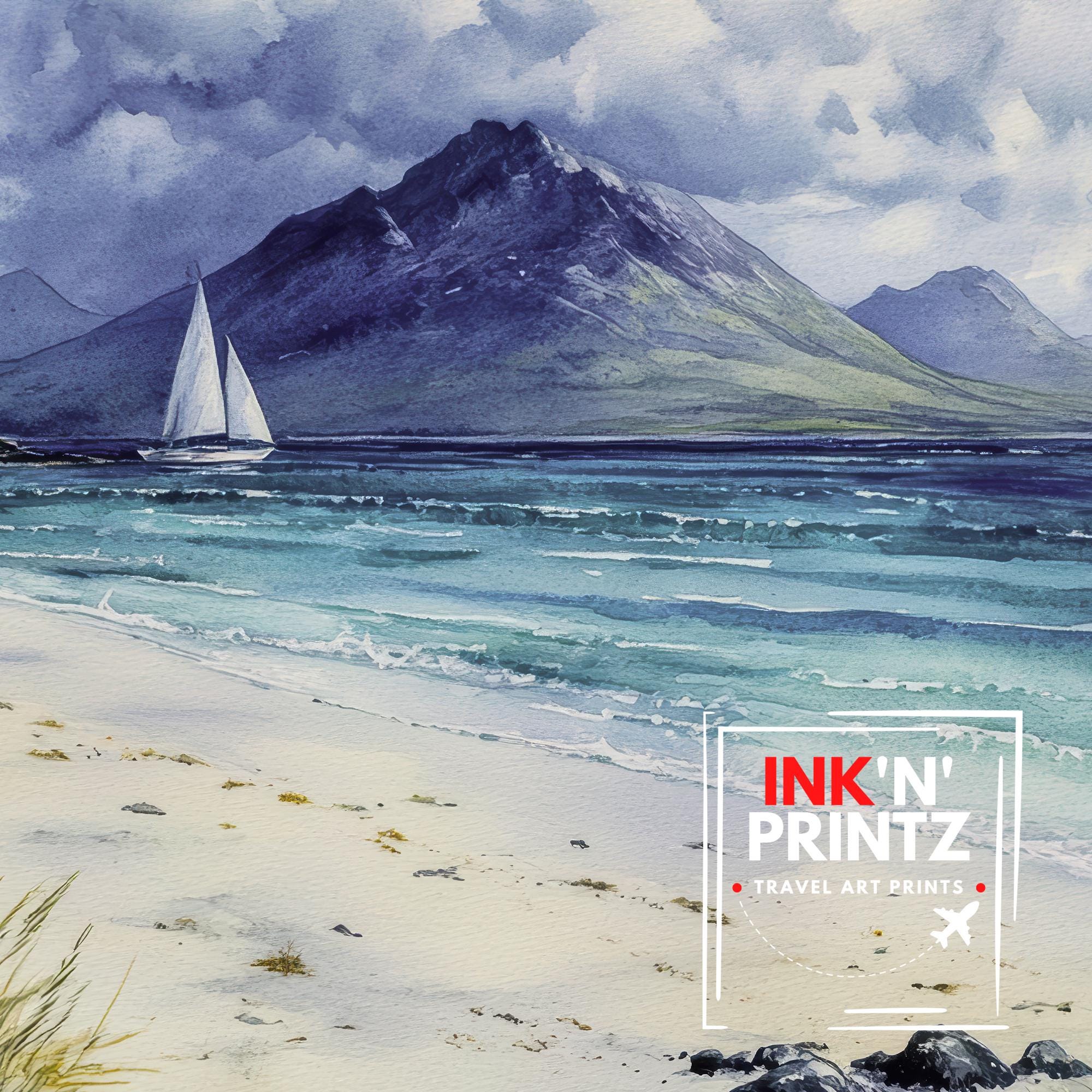 Isle of Arran Watercolour Painting Poster Scotland Wall Art Coastal Landscape Print Gift for UK Travel Lovers and Fans of Scenic Scottish