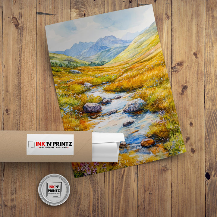 Lake District Watercolour Painting Poster England Wall Art Countryside Landscape Print Gift for UK Travel Lovers and Fans of Scenic Cumbrian