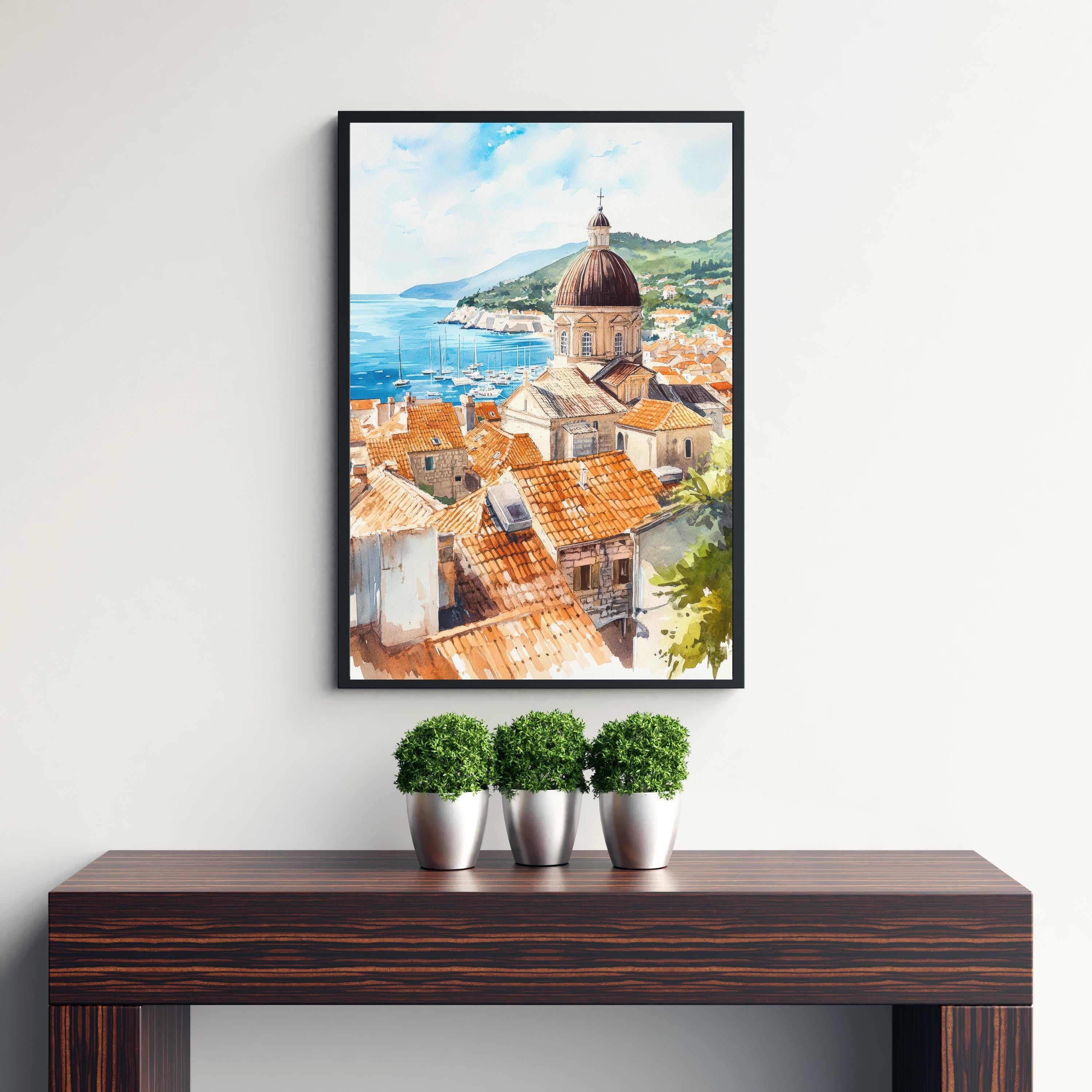 Dubrovnik Old Town Watercolor Art Print, Croatia Travel Painting, Adriatic Sea Wall Decor, Cityscape Gift