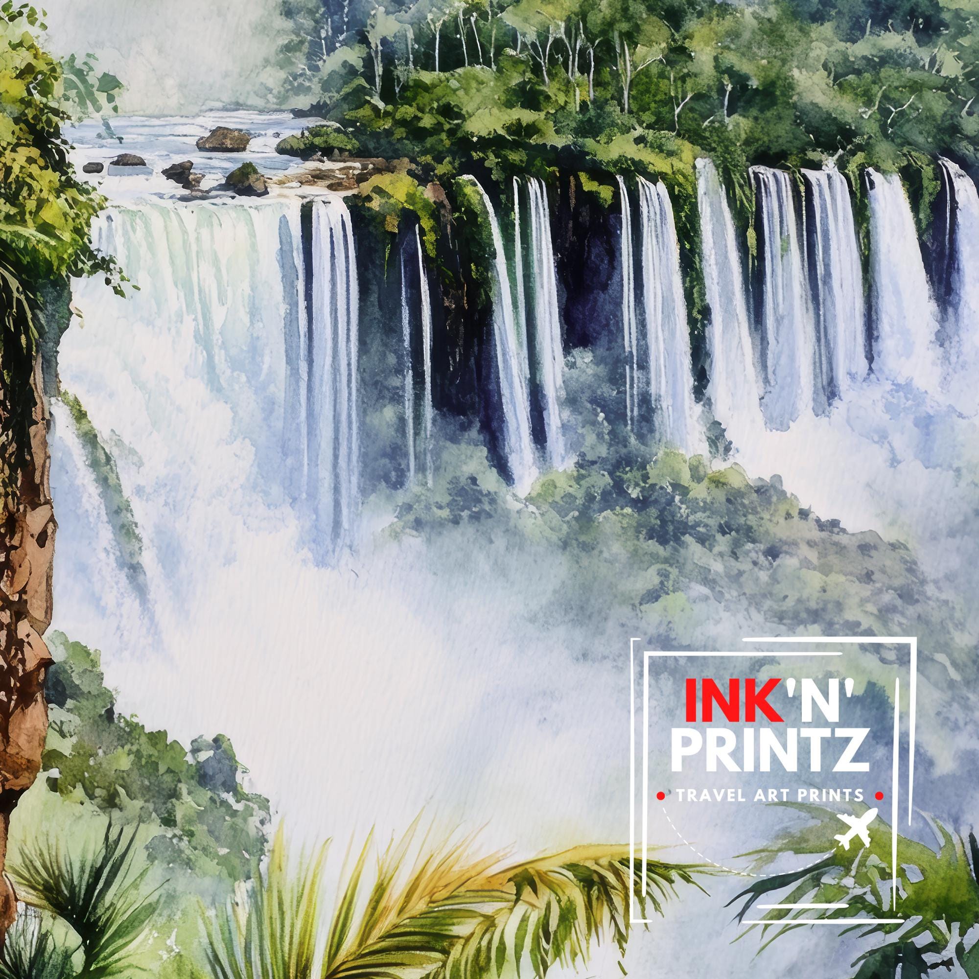 Iguazu Falls Watercolor Art Print, Brazil Argentina Nature Painting, Waterfall Wall Decor, Travel Gift