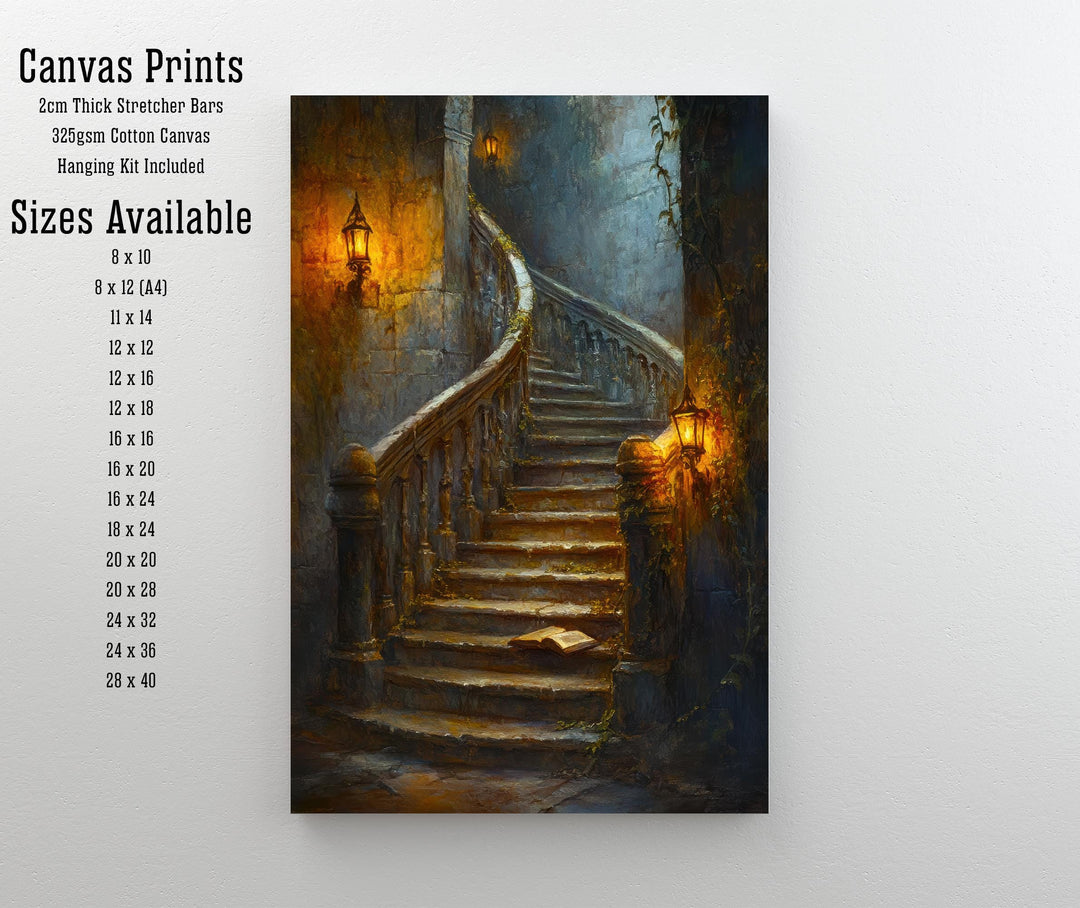 Candlelit Staircase Dark Academia Print Gothic Home Decor Moody Wall Art Enchanted Study Illustration