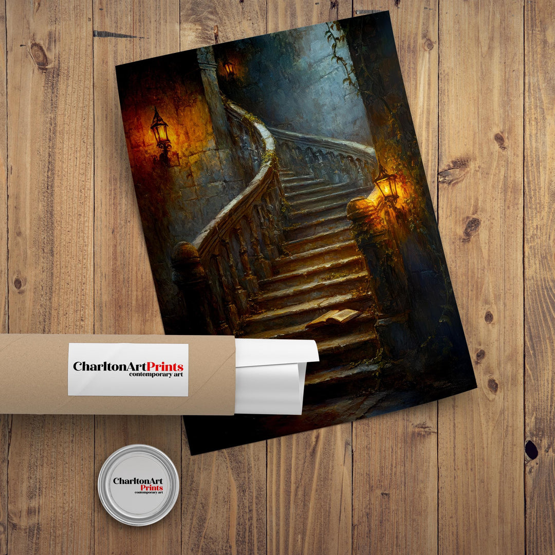 Candlelit Staircase Dark Academia Print Gothic Home Decor Moody Wall Art Enchanted Study Illustration