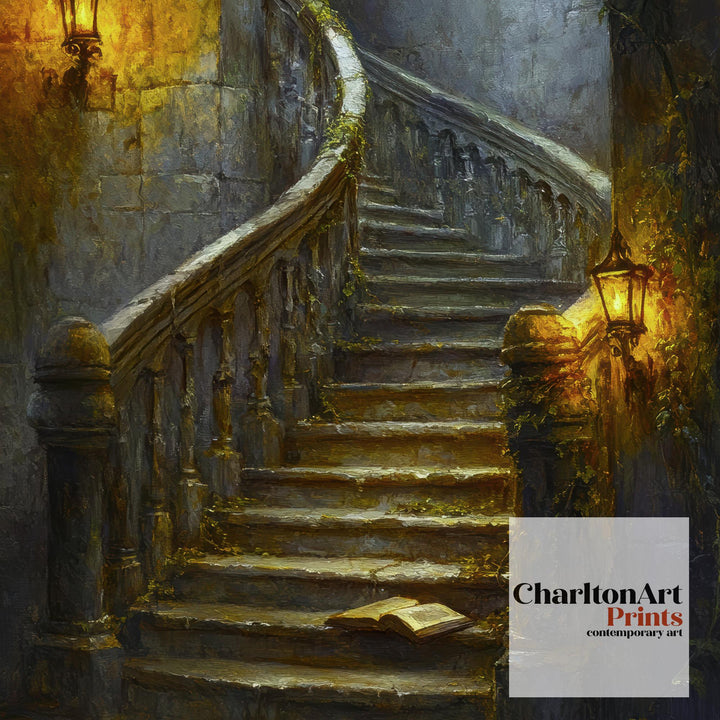 Candlelit Staircase Dark Academia Print Gothic Home Decor Moody Wall Art Enchanted Study Illustration