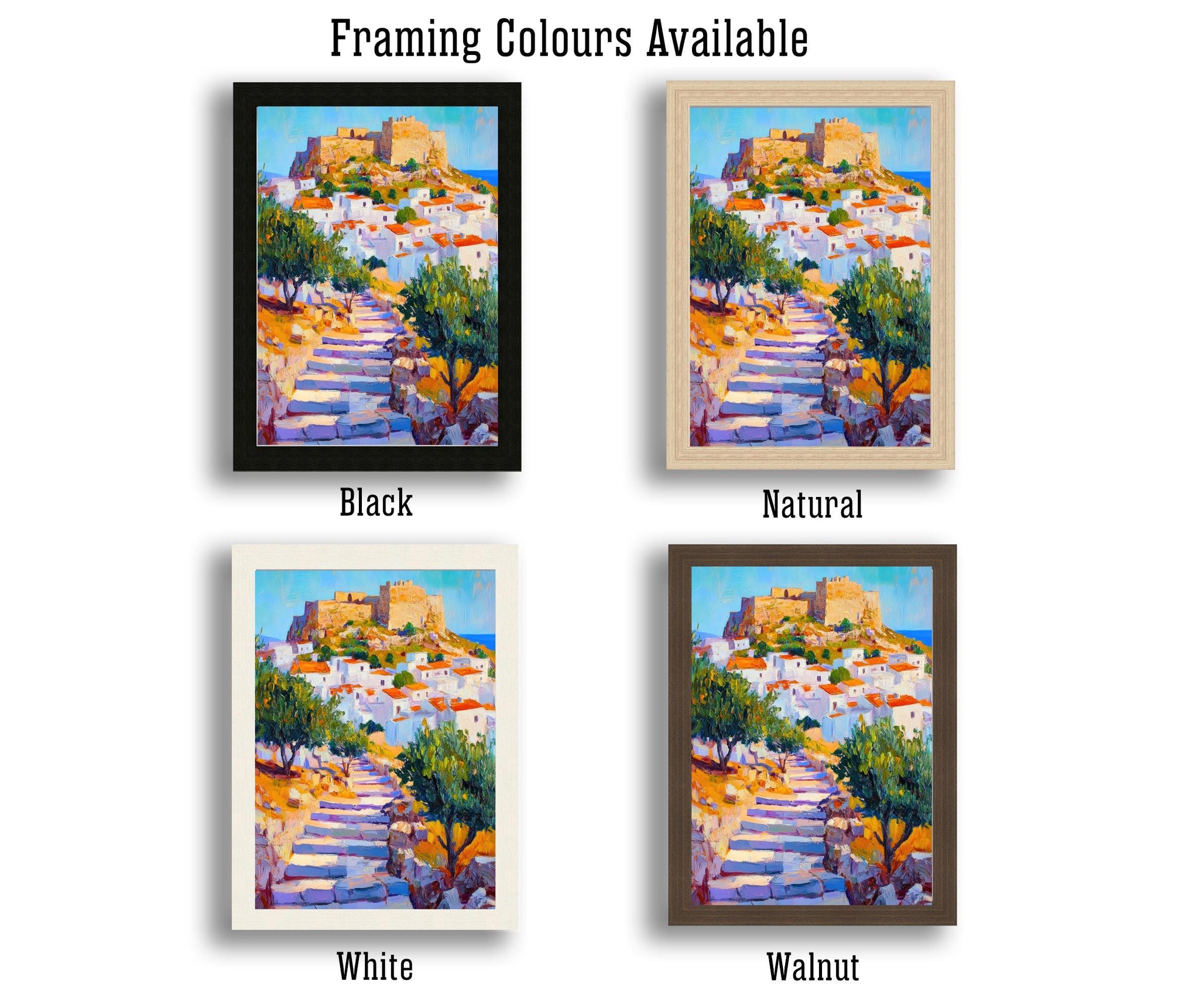 Lindos Rhodes Oil Painting Poster Greece Wall Art Coastal Village Landscape Print Gift for Europe Travel Lovers and Fans of Scenic Greek