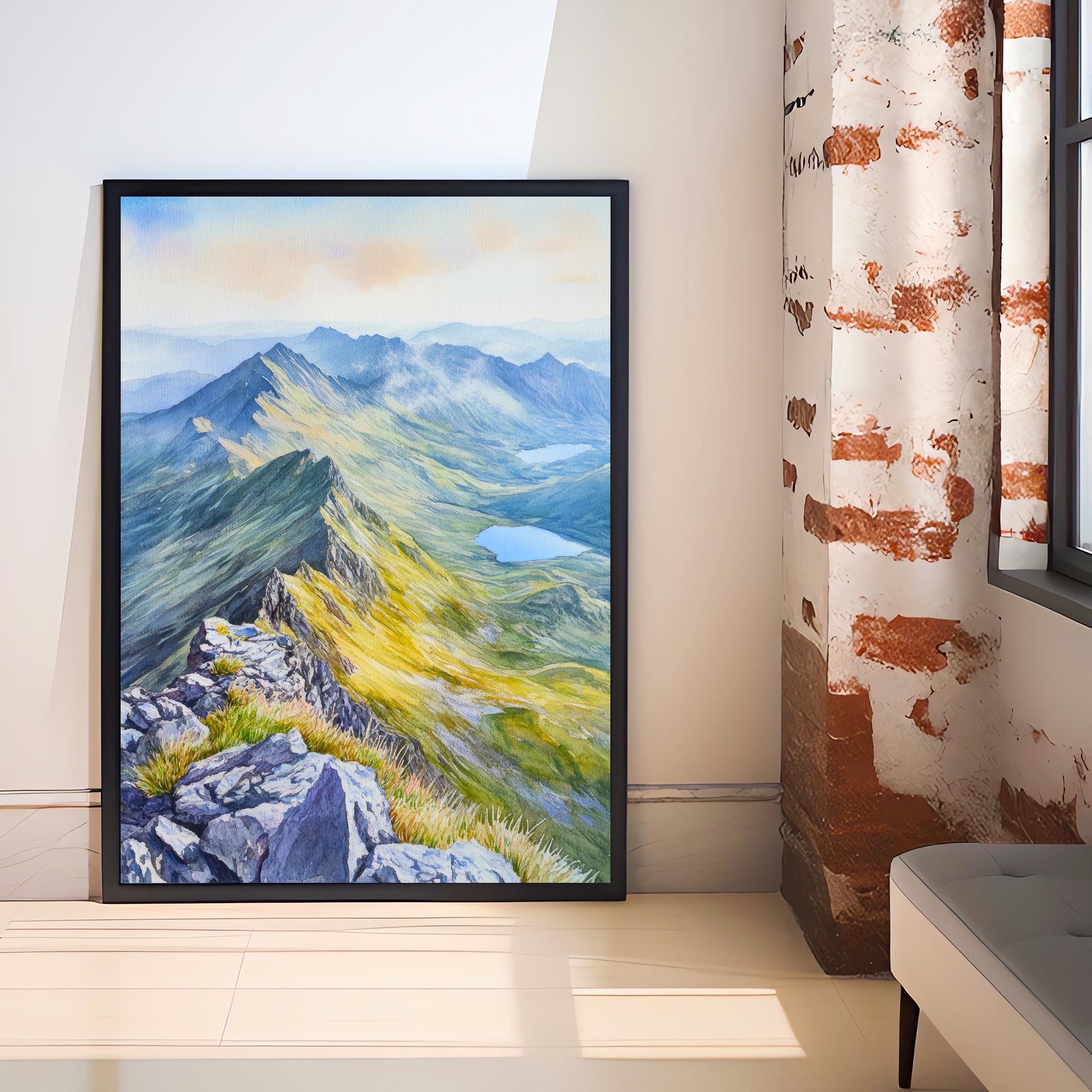 Snowdon Watercolour Painting Poster Wales Wall Art National Park Mountain Landscape Print Gift for UK Travel Lovers and Fans of Scenic