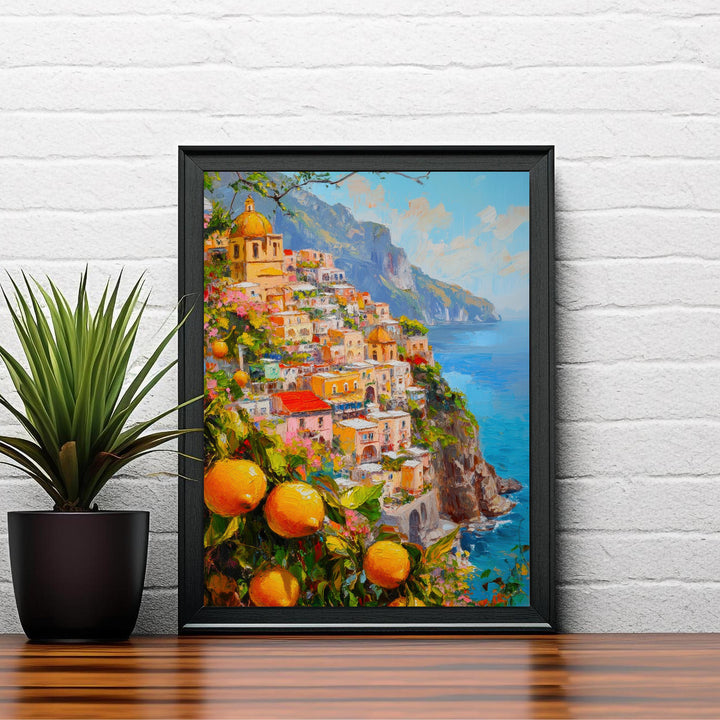 Positano Oil Painting Poster Amalfi Coast Italy Wall Art Mediterranean Village Print Gift for Europe Travel Lovers and Fans of Scenic
