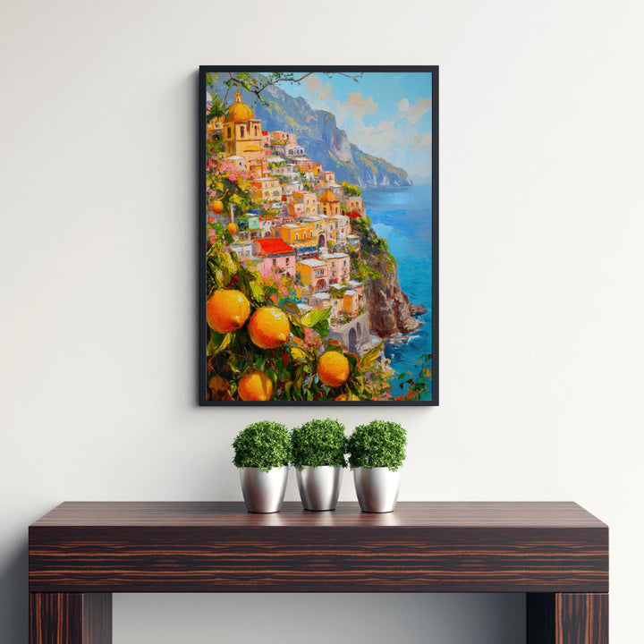 Positano Oil Painting Poster Amalfi Coast Italy Wall Art Mediterranean Village Print Gift for Europe Travel Lovers and Fans of Scenic