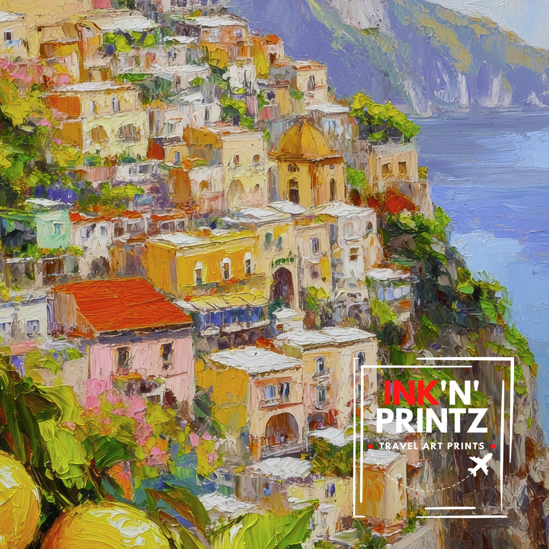 Positano Oil Painting Poster Amalfi Coast Italy Wall Art Mediterranean Village Print Gift for Europe Travel Lovers and Fans of Scenic