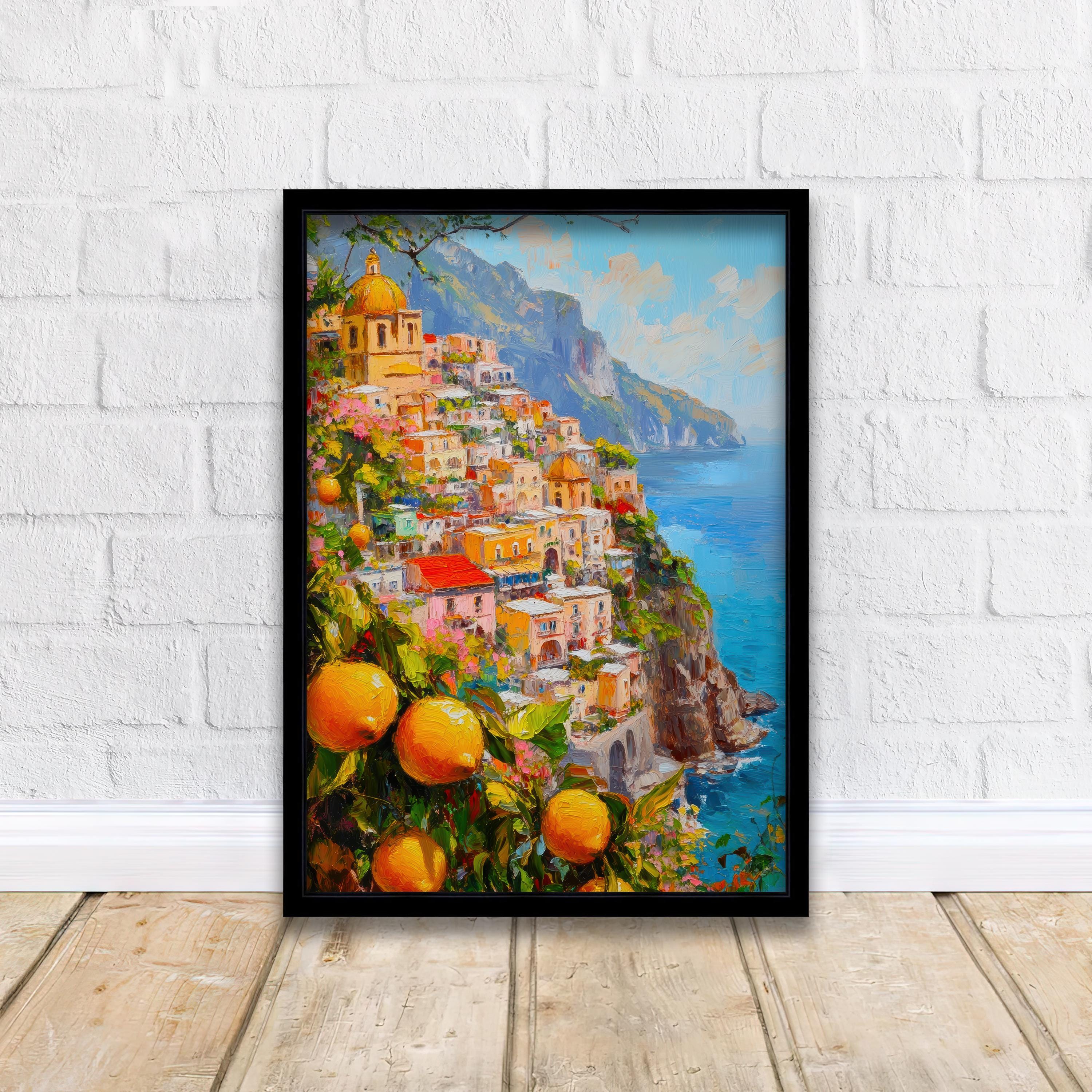 Positano Oil Painting Poster Amalfi Coast Italy Wall Art Mediterranean Village Print Gift for Europe Travel Lovers and Fans of Scenic