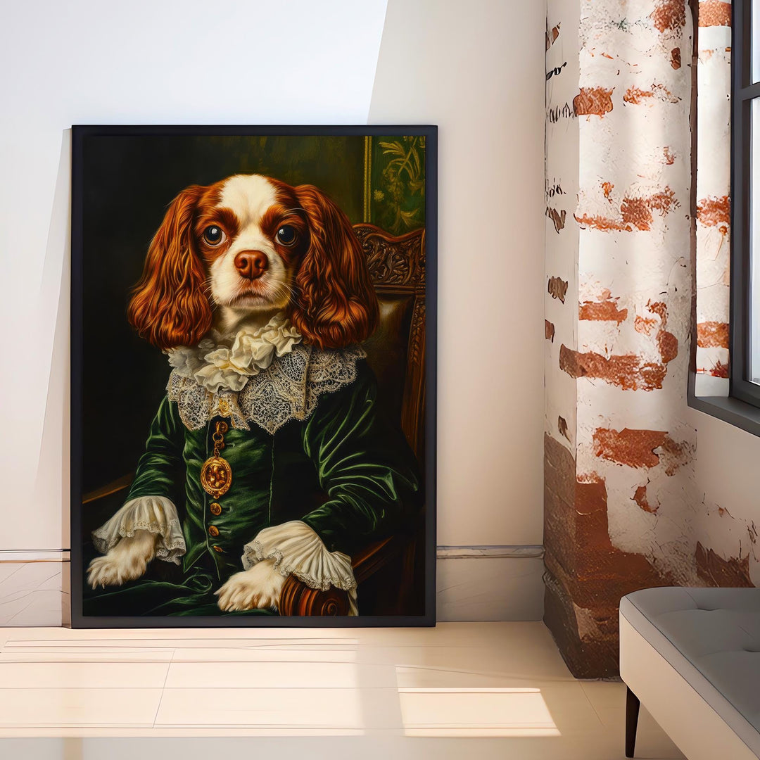 Cavalier King Charles Portrait Print Regal Dog Wall Art Renaissance Pet Art Funny Dog Gift Dark Academia Decor