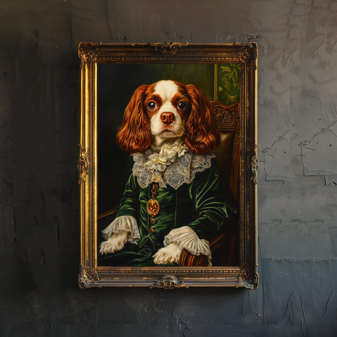 Cavalier King Charles Portrait Print Regal Dog Wall Art Renaissance Pet Art Funny Dog Gift Dark Academia Decor