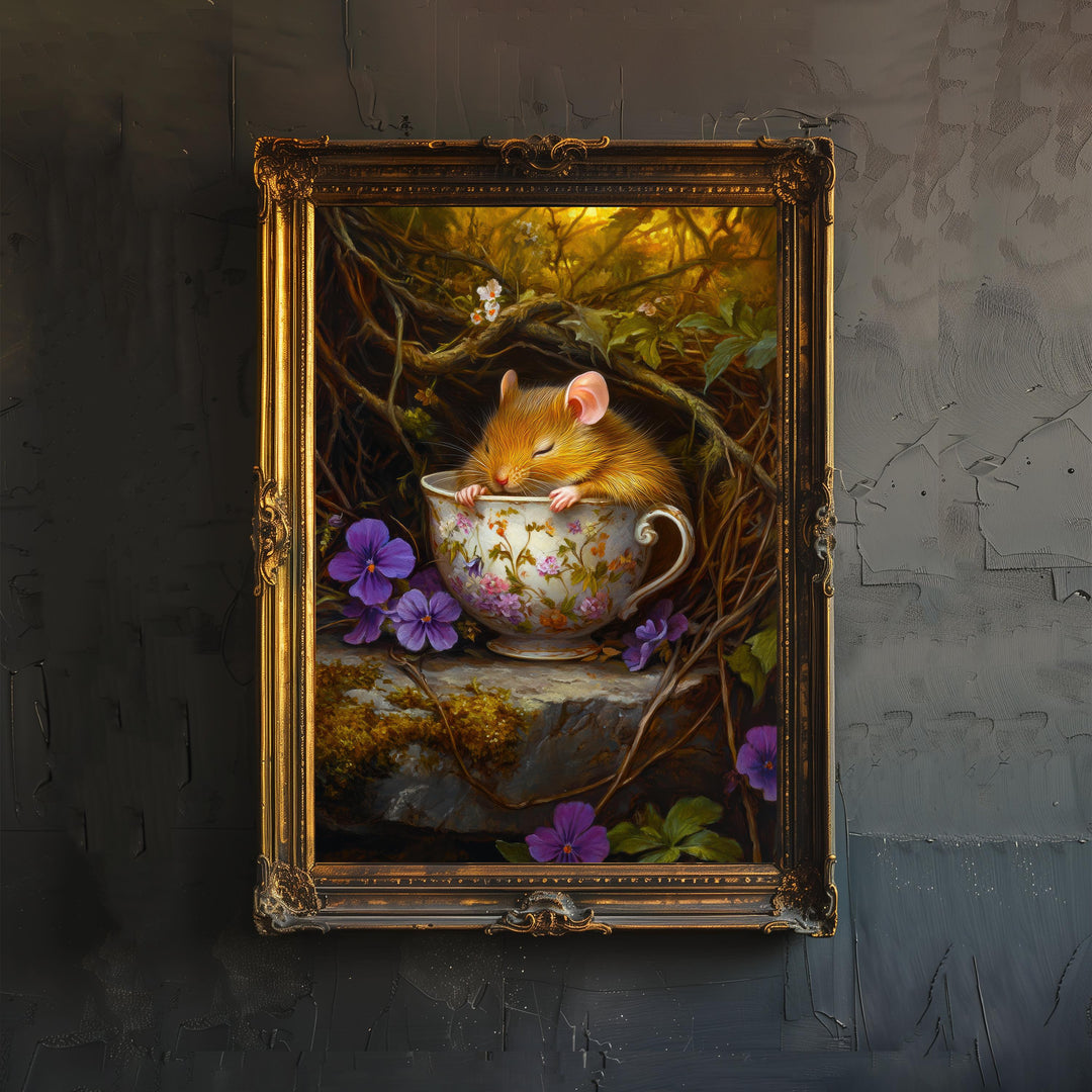Doormouse in Teacup Cottagecore Print Whimsical Wildlife Art Teatime Decor Vintage Illustration