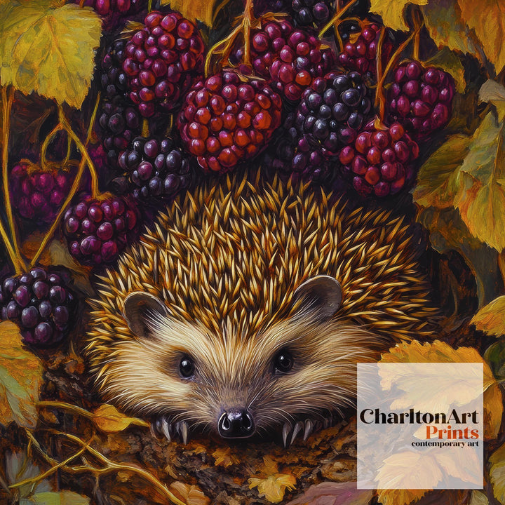 Hedgehog Beneath Blackberry Bush Print Cottagecore Wildlife Art Rustic Garden Decor Woodland Animal Illustration